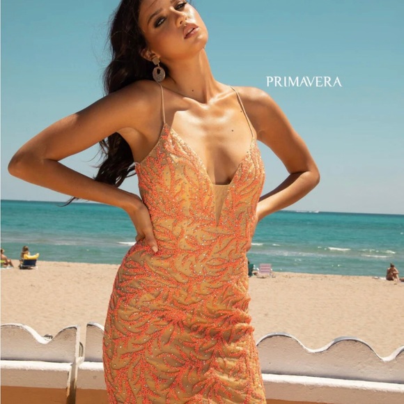 Primavera Couture Orange & Tan Beaded Cocktail Dress - Picture 4 of 5